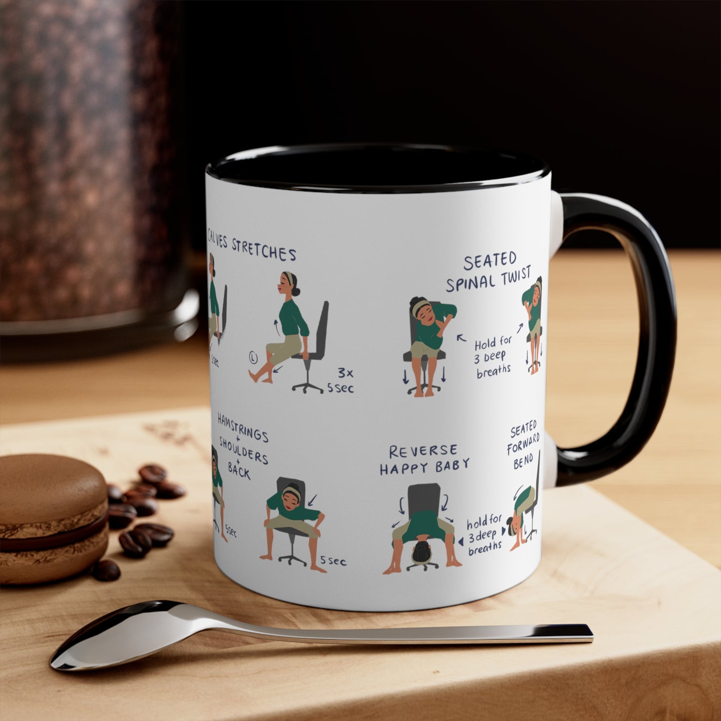 Desk Yoga Mug - Lower Back, Hips, and Legs | Accent Coffee Mug, 11oz | Coffee Mug | Yoga Mug | Office Gift