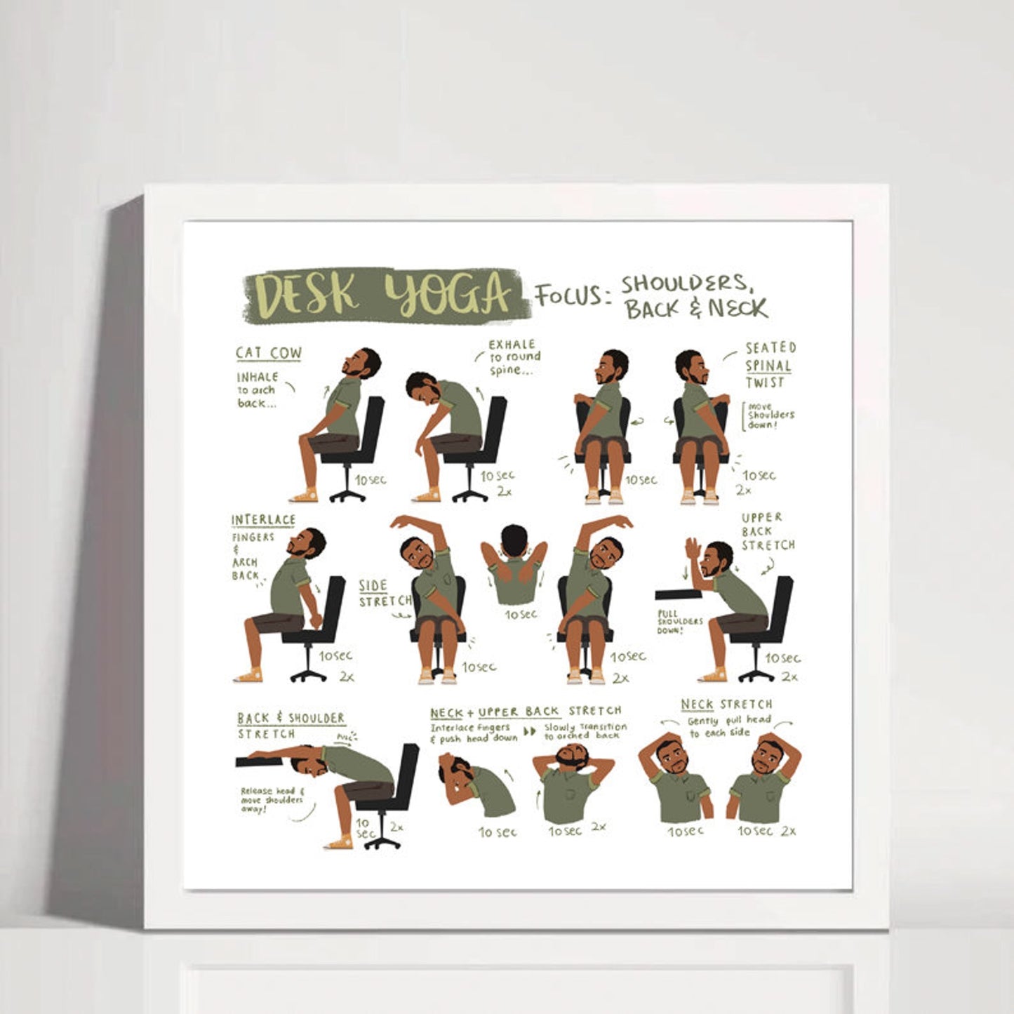 Desk Yoga - focus on shoulders, back, and neck - Physical Print | Chair Yoga | Office Yoga | 10x10in, 12x12in, 14x14in, 16x16in, 18x18in