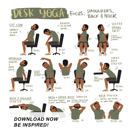Desk Yoga - focus on shoulders, back, and neck - Physical Print | Chair Yoga | Office Yoga | 10x10in, 12x12in, 14x14in, 16x16in, 18x18in