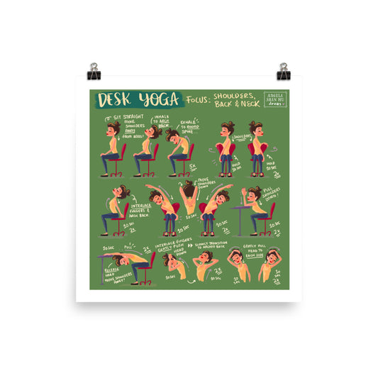 Desk Yoga Poster - Physical Print | Yoga At Your Desk | Office Yoga | Yoga Art Print |