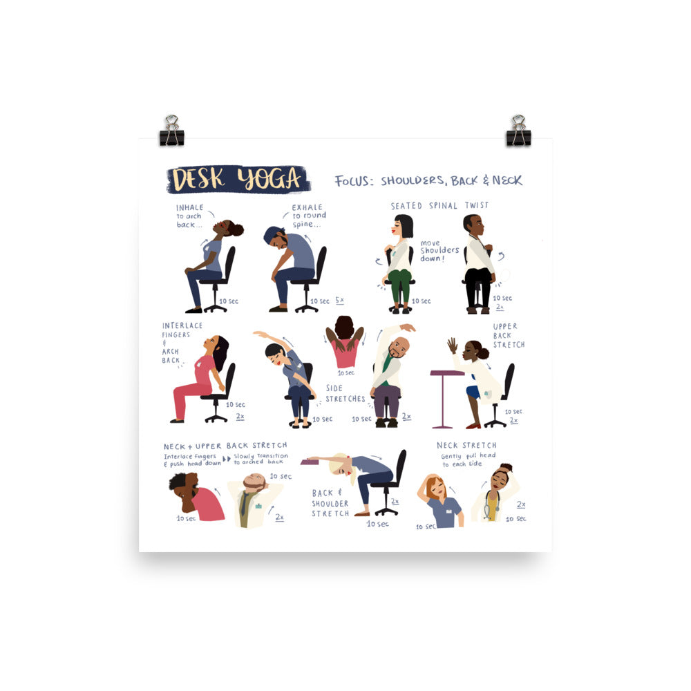 Desk Yoga Focus on Shoulders, Back, and Neck Physical Print Chair Yoga  Office Yoga 10x10in, 12x12in, 14x14in, 16x16in, 18x18in 
