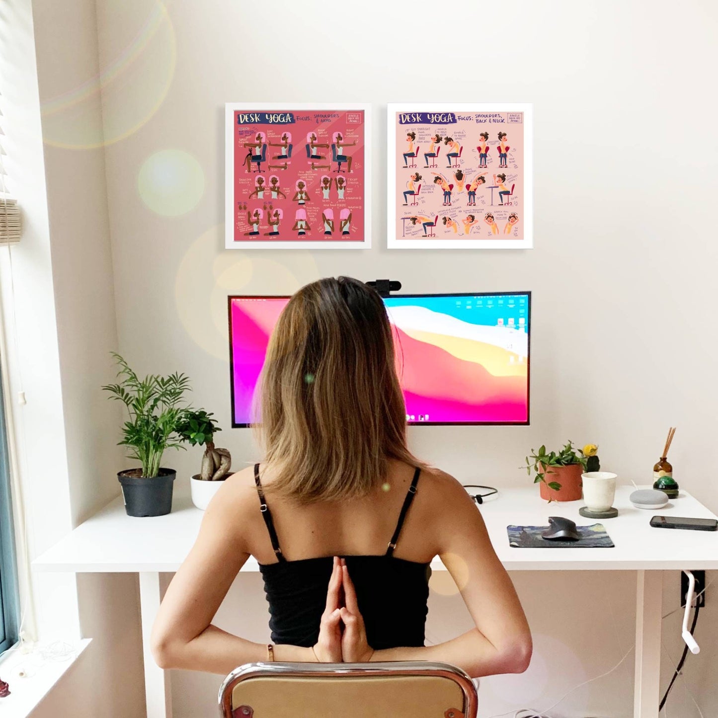 Desk Yoga Print - Pink | Chair Yoga Pose Print | Home Office Print | WFH Print | Yoga Art | Yoga for Pain | Back Pain