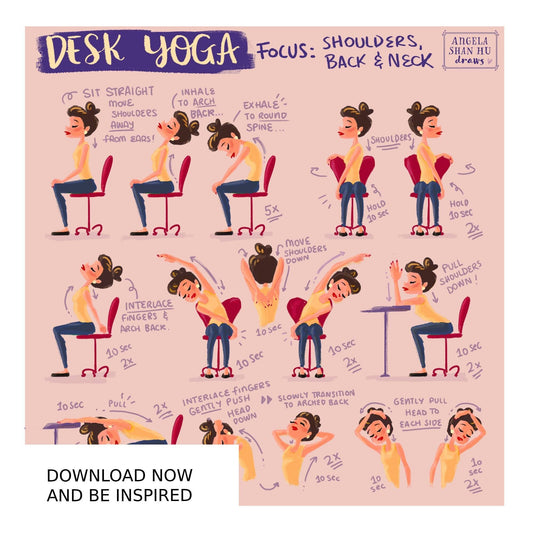 Desk Yoga Print - Pink | Chair Yoga Pose Print | Home Office Print | WFH Print | Yoga Art | Yoga for Pain | Back Pain