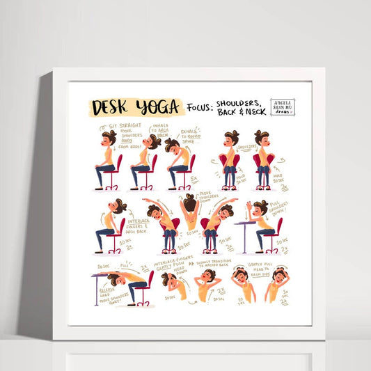 Desk Yoga Print - White | Yoga Pose Print | Home Office Print | WFH Print | Yoga Art | Yoga for Pain | Back Pain
