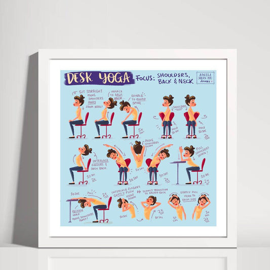 Desk Yoga Print - Blue | Yoga Pose Print | Home Office Print | WFH Print | Yoga Art | Yoga for Pain | Back Pain