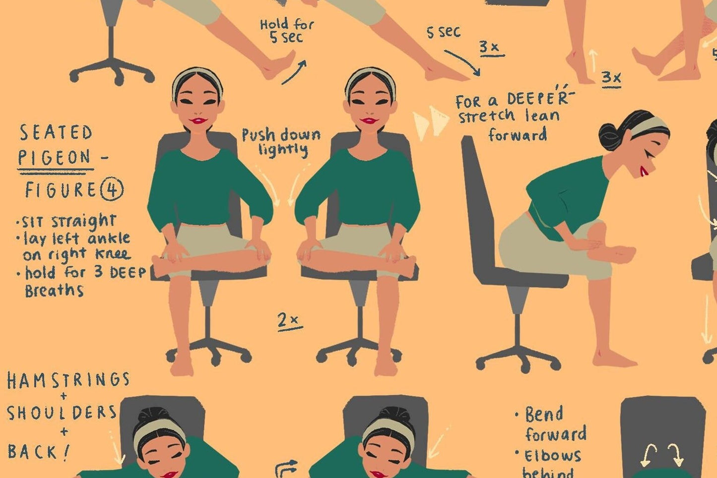 Desk Yoga - focus on lower body, lower back, and hips | Yoga At Your Desk | Office Yoga | Yoga Print | Yoga Art | 8x8 in, 8x10 in, 16x16 in
