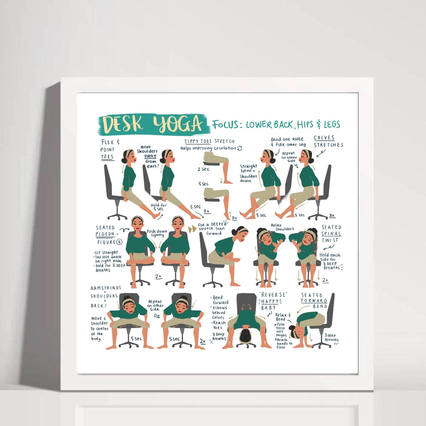Desk Yoga - focus on lower body, lower back, and hips | Yoga At Your Desk | Office Yoga | Yoga Art Print | Fitness Art | Yoga Art
