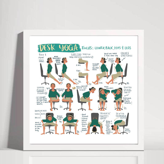 Desk Yoga - focus on lower body, lower back, and hips | Yoga At Your Desk | Office Yoga | Yoga Art Print | Fitness Art | Yoga Art
