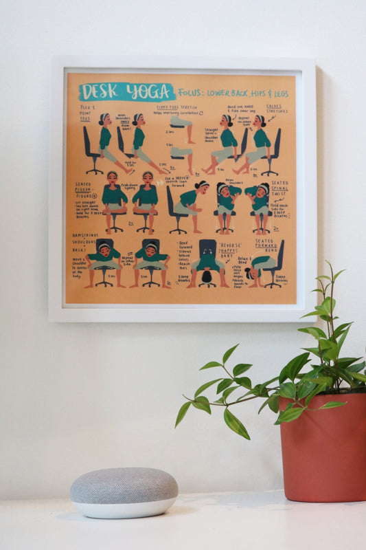 Desk Yoga - focus on lower body, lower back, and hips | Yoga At Your Desk | Office Yoga | Yoga Print | Yoga Art | 8x8 in, 8x10 in, 16x16 in