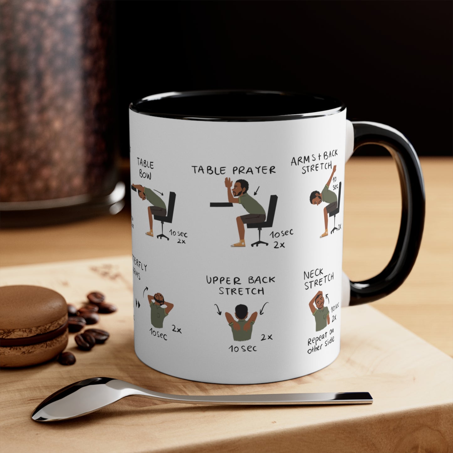 Desk Yoga Mug - Shoulders, Back, and Neck (Male Version) | Accent Coffee Mug, 11oz | Coffee Mug | Yoga Mug | Office Gift