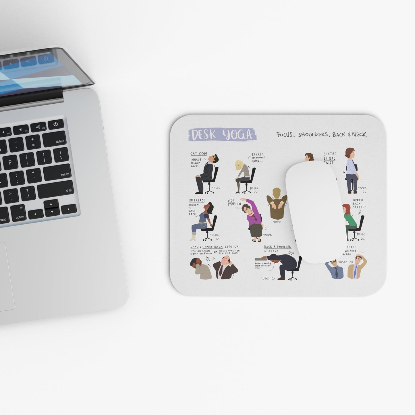 Desk Yoga Mouse Pad - Shoulders, Back, & Neck - White - The Office Edition
