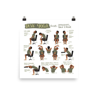 Desk Yoga - focus on shoulders, back, and neck - Physical Print | Chair Yoga | Office Yoga | 10x10in, 12x12in, 14x14in, 16x16in, 18x18in