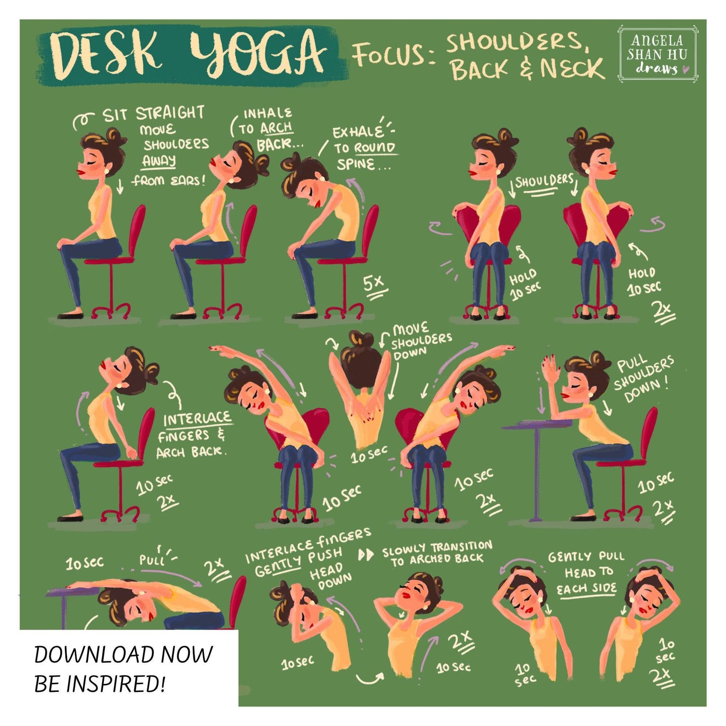 Desk Yoga - focus on shoulders, back and neck | Chair Yoga | Office Yoga | Yoga Poses | Work From Home Yoga | 8x8 in, 8x10 in, 16x16 in