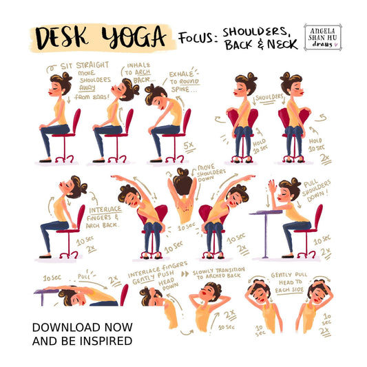 Desk Yoga Print - White | Yoga Pose Print | Home Office Print | WFH Print | Yoga Art | Yoga for Pain | Back Pain