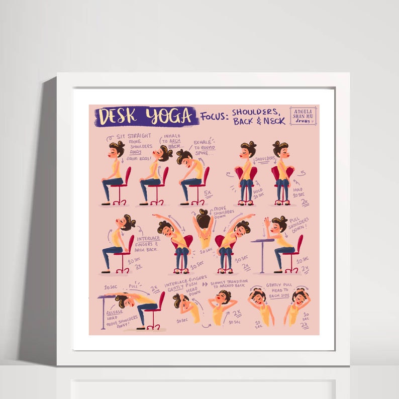 Desk Yoga Print - Pink | Chair Yoga Pose Print | Home Office Print | WFH Print | Yoga Art | Yoga for Pain | Back Pain
