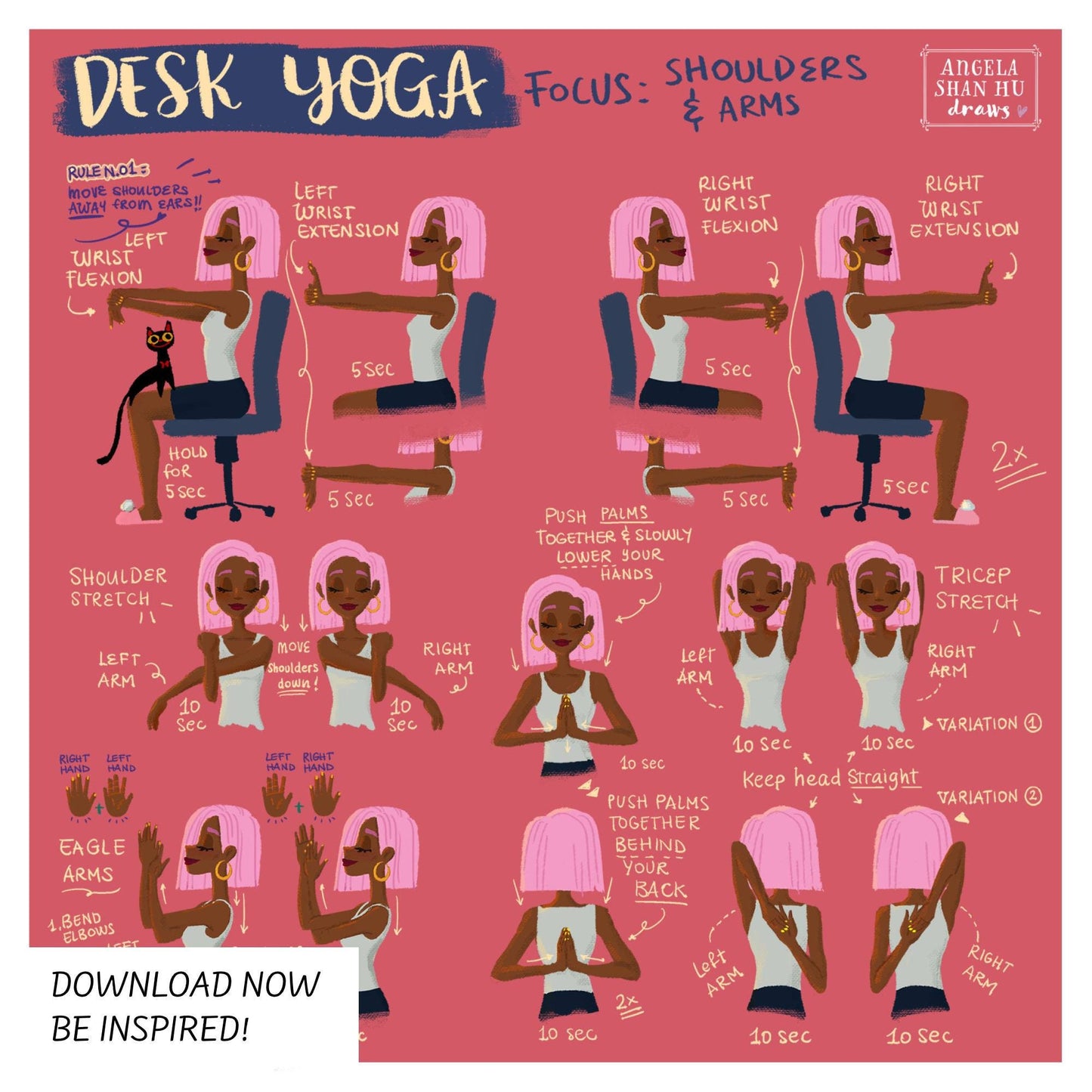 Desk Yoga - Shoulders and Arms | Yoga At Your Desk | Office Yoga | Yoga Art Print | Fitness Art | 8x8 in, 8x10 in, 16x16 in
