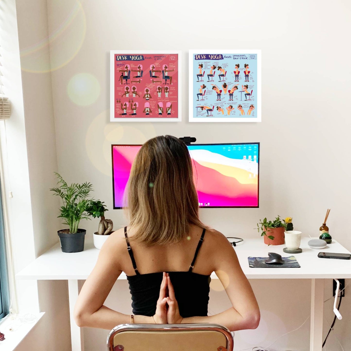 Desk Yoga Print - Blue | Yoga Pose Print | Home Office Print | WFH Print | Yoga Art | Yoga for Pain | Back Pain