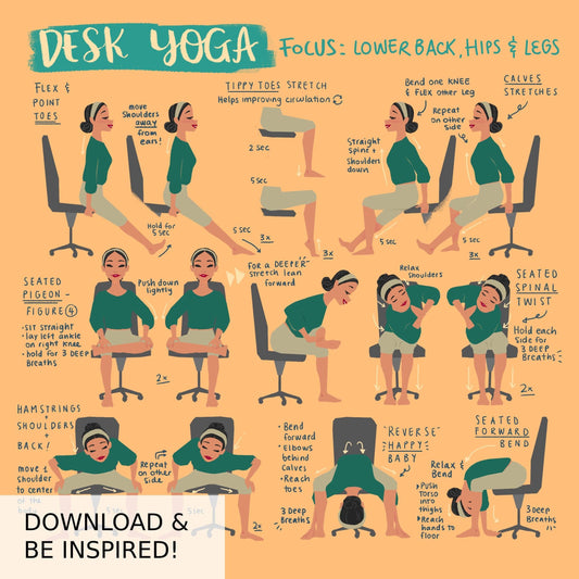 Desk Yoga - focus on lower body, lower back, and hips | Yoga At Your Desk | Office Yoga | Yoga Print | Yoga Art | 8x8 in, 8x10 in, 16x16 in