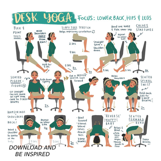 Desk Yoga - focus on lower body, lower back, and hips | Yoga At Your Desk | Office Yoga | Yoga Art Print | Fitness Art | Yoga Art