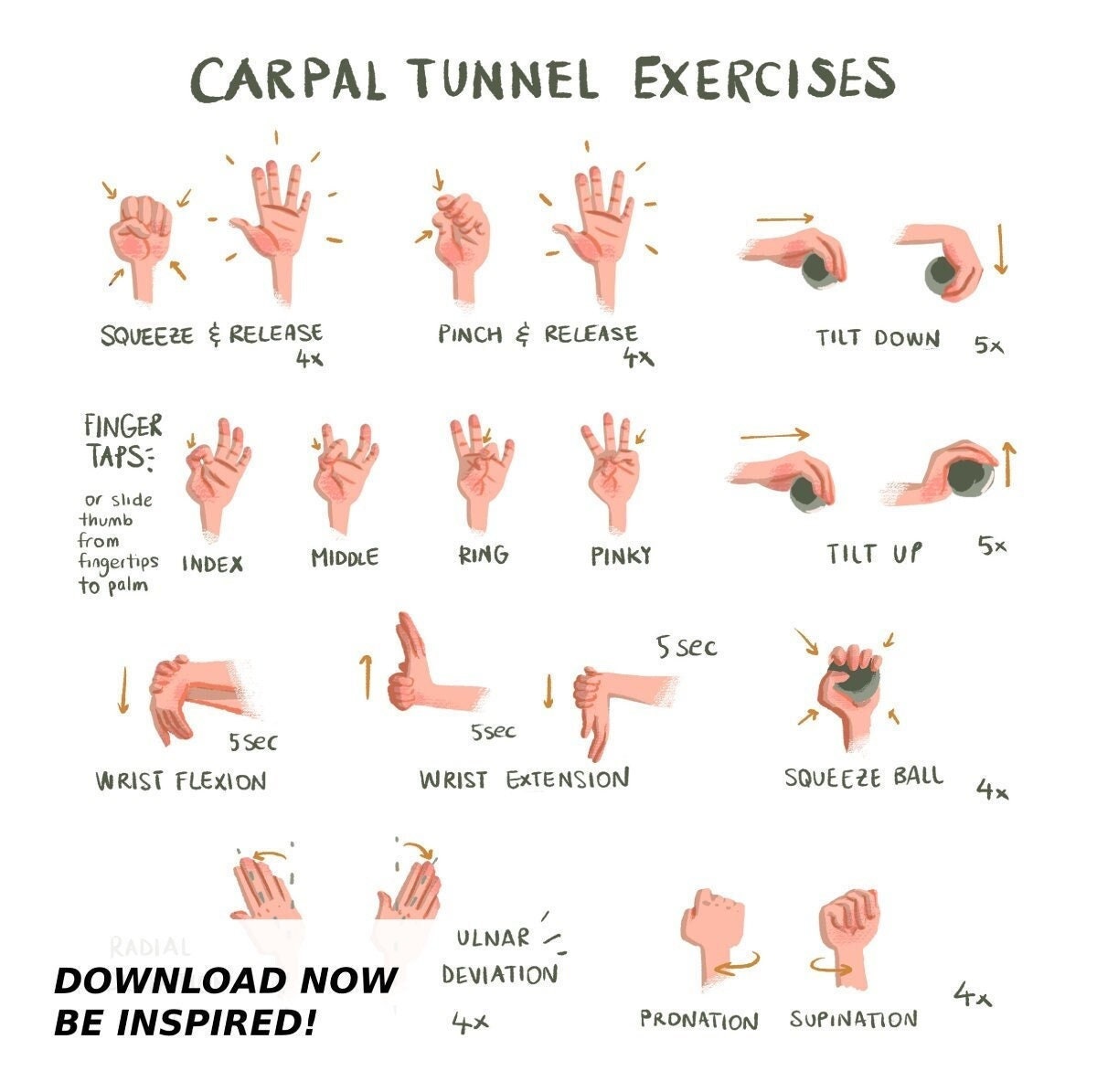 Carpal Tunnel Exercises Print - Digital - White | Hand and Wrist Exercises for Carpal Tunnel Relief